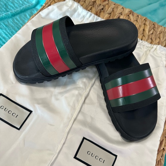AUTHENTIC GUCCI Slides Mens 5 • Women 7 - 7.5 Like NEW Black with Green & Red - Picture 4 of 14